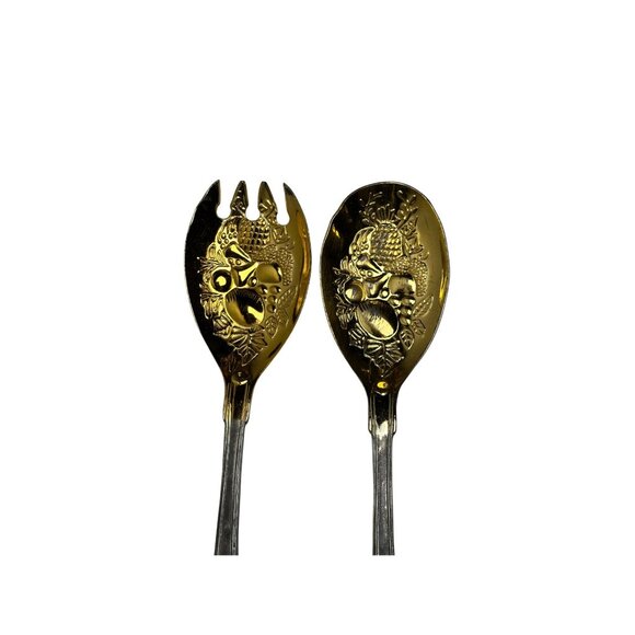 Decorative Vintage Gold & Silver Salad Serving Set Mid Century TableWare Dining - Picture 6 of 6